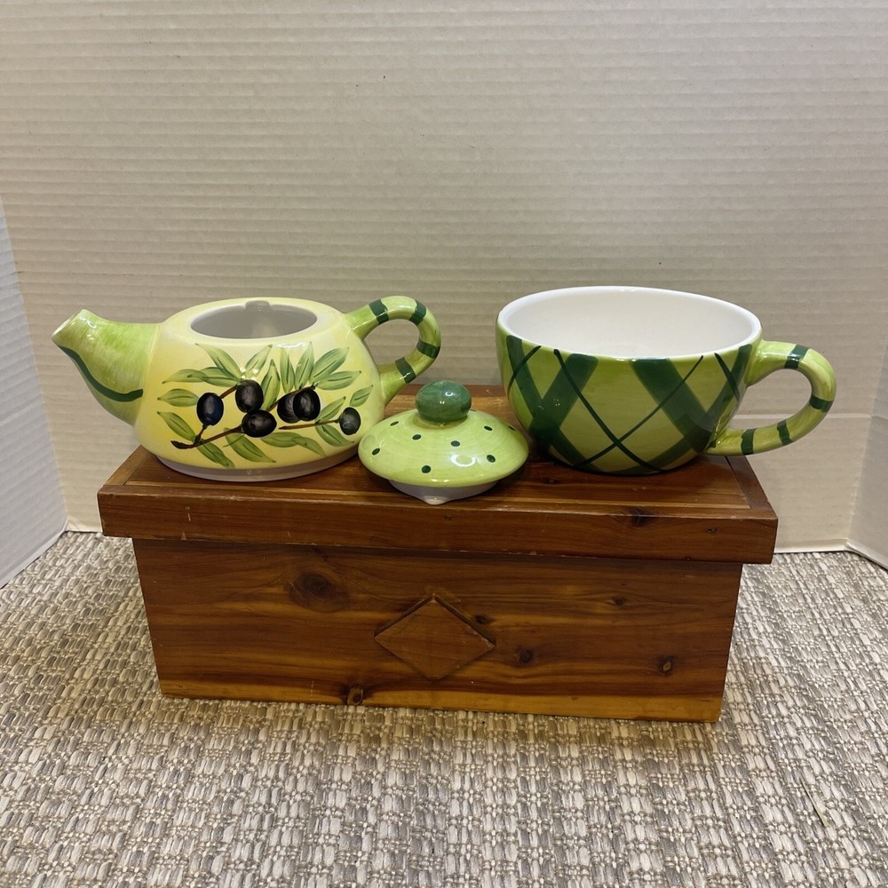 Olive Tea For One Set Teapot and Cup Stackable Kitchen Decor Ceramic - Picture 3 of 12